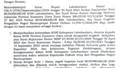 Surati KONI Sumut, Bupati Usul Pengurus Labuhanbatu Dibekukan